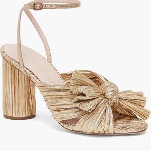 Beautiful Loeffler Randall Camelia gold pleated bow heal with ankle strap! New